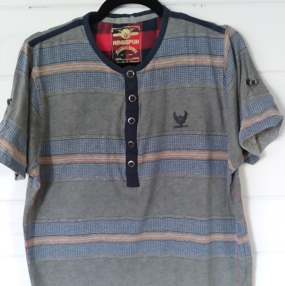Ringspun multi pattern striped 1/2 button up tee